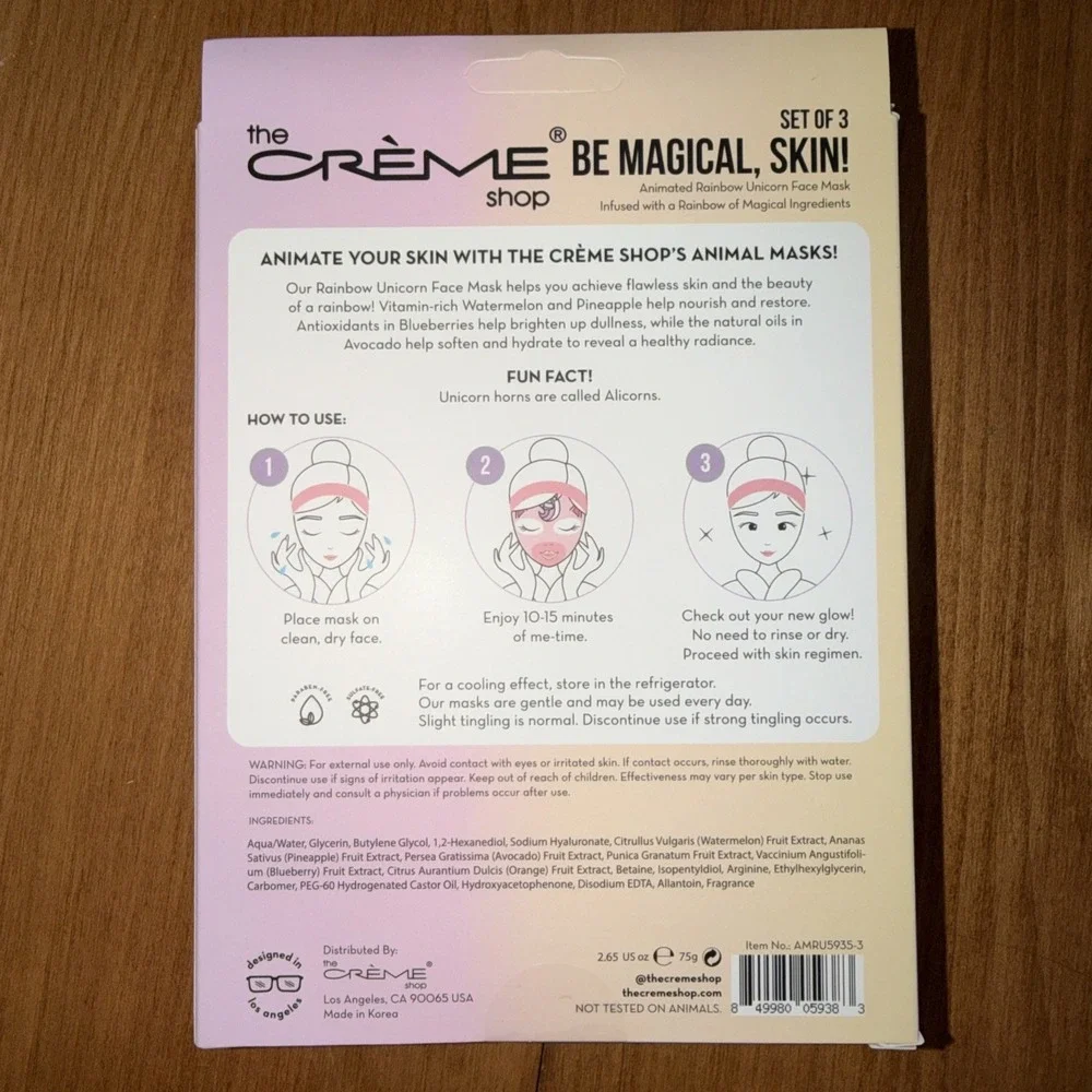 NEW The Creme Shop Set of 3 Be Magical- Rainbow Unicorn Face Mask Factory Sealed